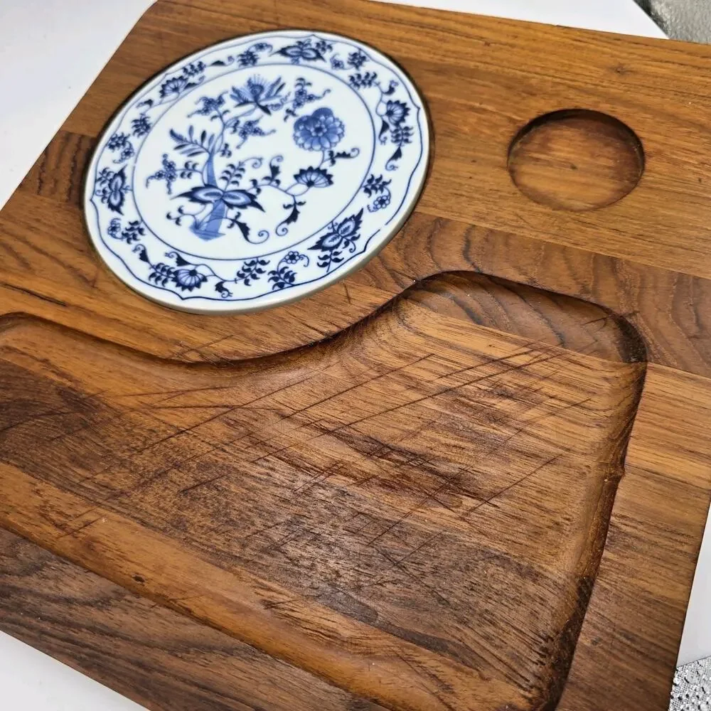 Vtg Dolphin Teakwood Danube Charcuterie Tray Porcelain Square‎ Blue Onion Tile
